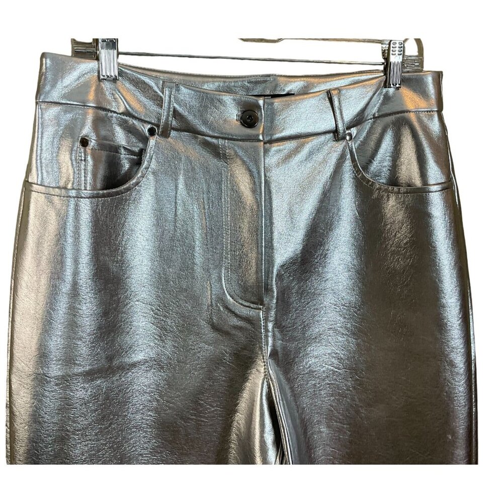 7 For All Mankind High Rise Vegan Leather Silver Metallic 5-pkt Pants NWT Large - Picture 3 of 13